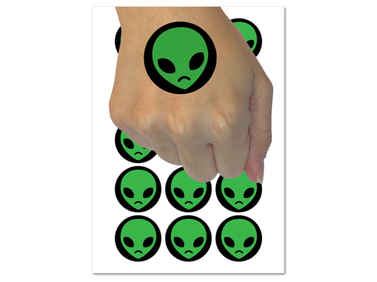 Sad Alien Emoticon Temporary Tattoo Water Resistant Fake Body Art Set Collection (1 Sheet)
